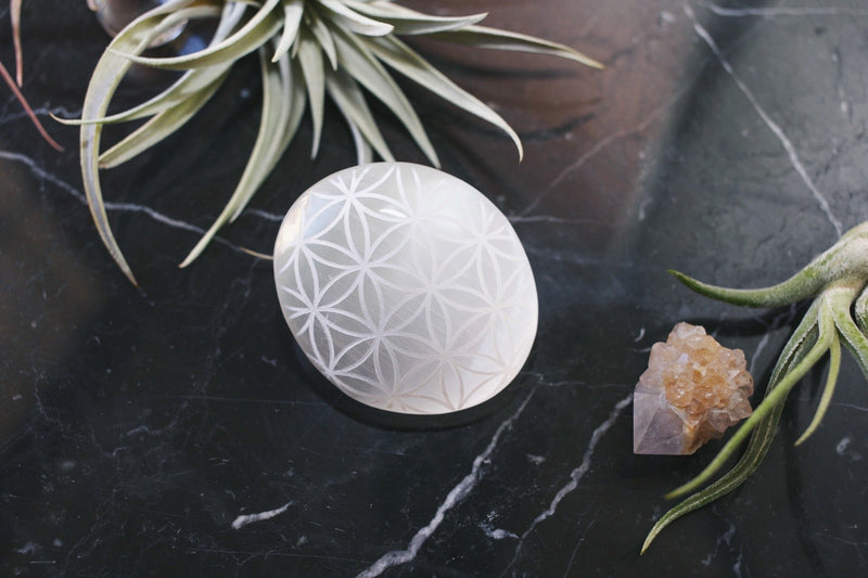 "Flower of Life" Sacred Geometry Etched Selenite Meditation Palm stone