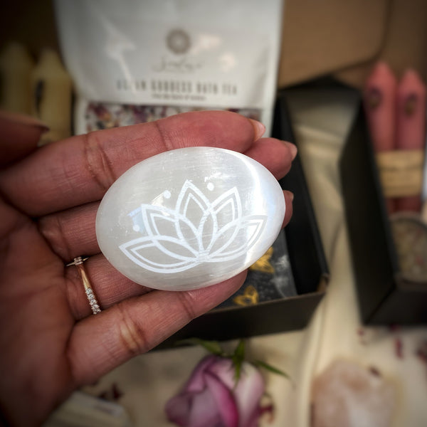 Lotus Flower Etched Selenite Meditation Palm stone